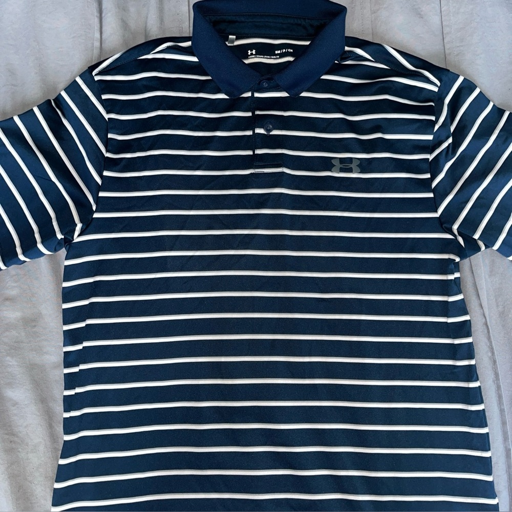 Under Armour Men's Navy Blue, Gray, and White Striped Polo